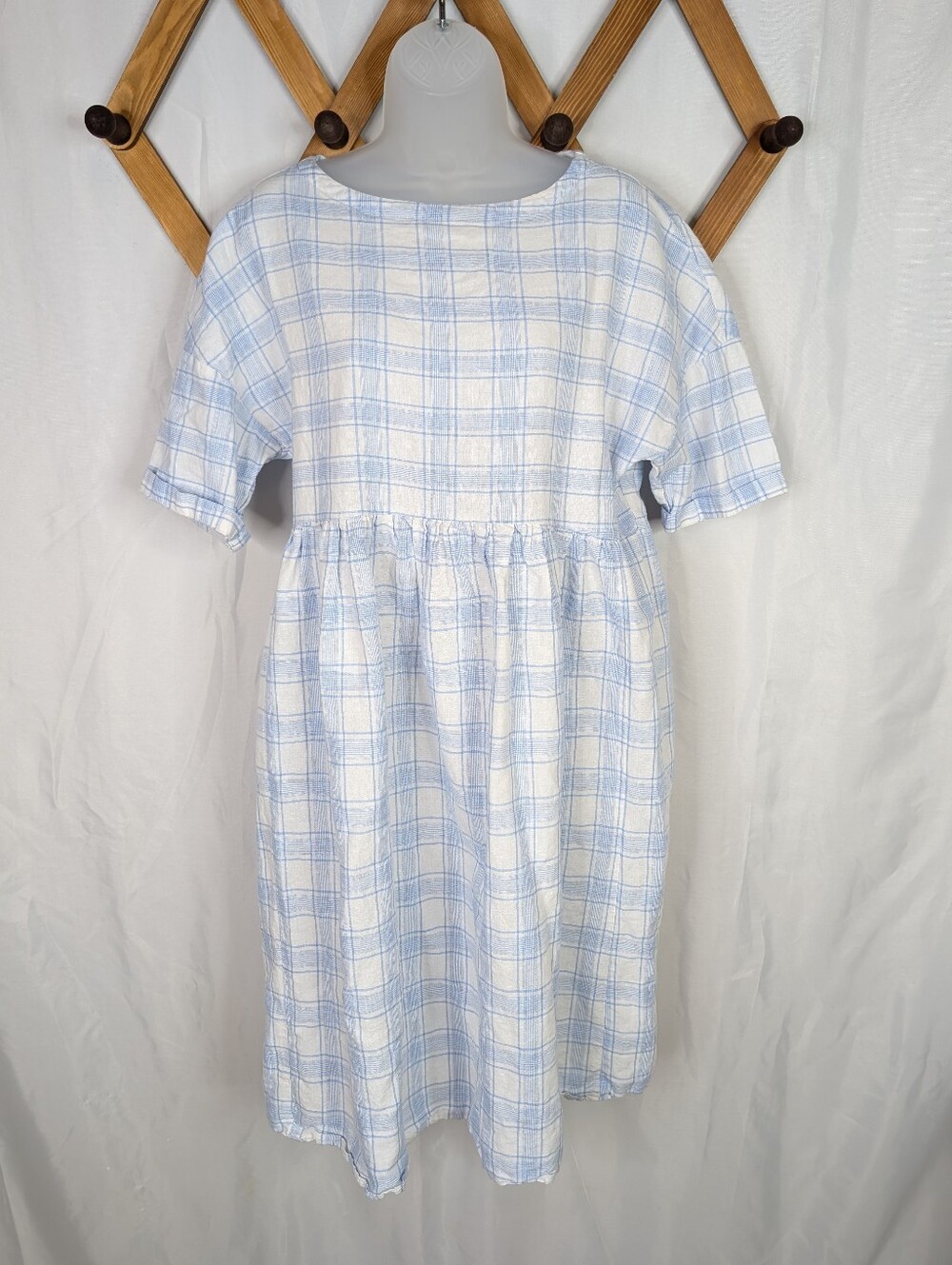Lintico Blue Checkered Gingham Linen Cotton Shirt Sleeve Midi Dress - Size Small